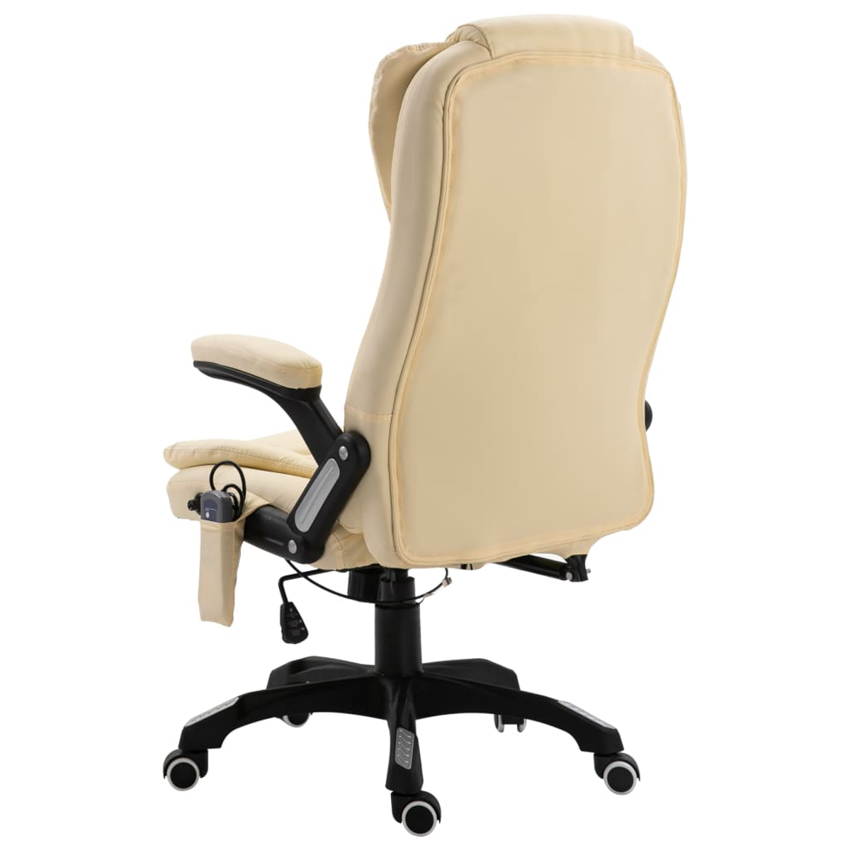 Beige Bürostuhl mit Armlehnen, Rückenansicht, auf Rollen.