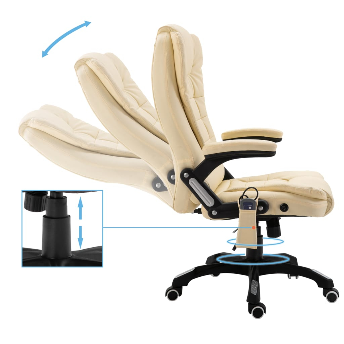 Beige Bürostuhl mit verstellbarer Rückenlehne und Höhenverstellung.