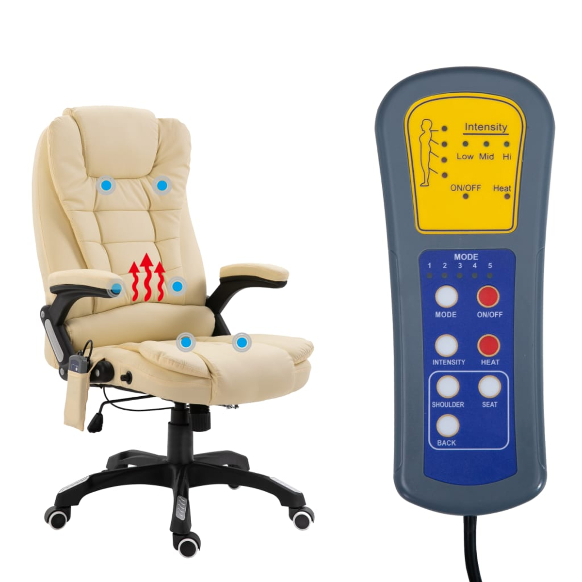 Beiger Massagestuhl mit schwarzer Basis und Fernbedienung mit Tasten.