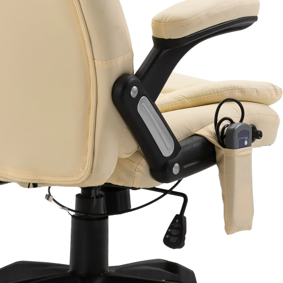 Beige Bürostuhl mit Armlehnen, Massagegerät und Bedienelementen.