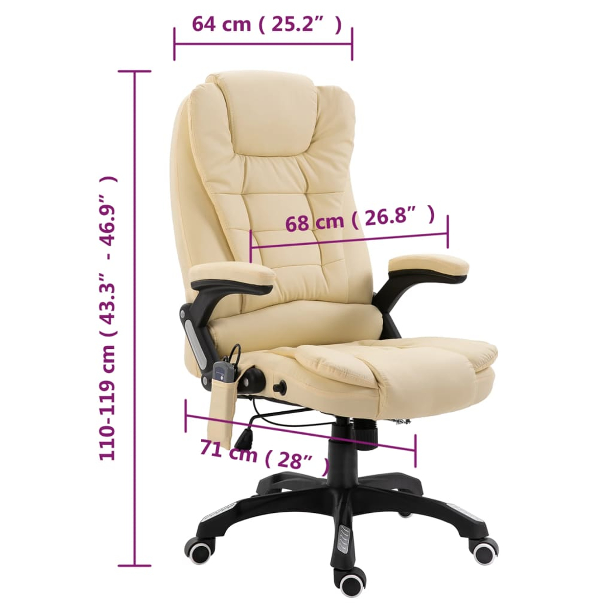 Beige Bürostuhl mit Maßen und Rollen. Höhe 110-119cm.