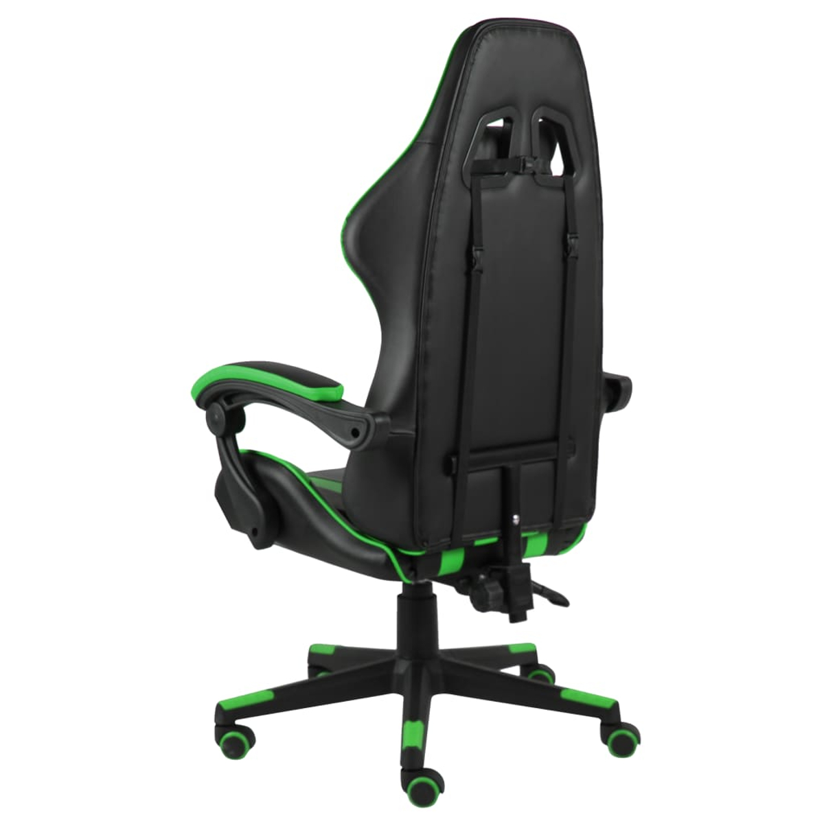 Schwarzer Gaming-Stuhl mit grünen Akzenten, von hinten gezeigt.