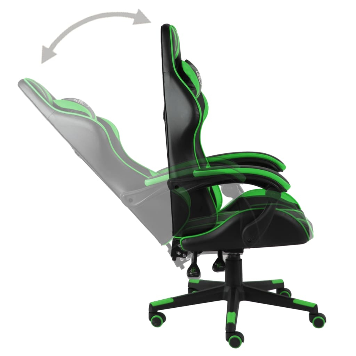 Schwarzer Gaming-Stuhl mit grünen Akzenten, kippbar. Weißer Hintergrund.