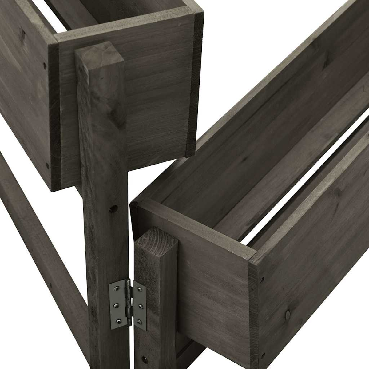 Zwei graue Holzpflanzkästen, einer über dem anderen, verbunden durch Metallscharniere.