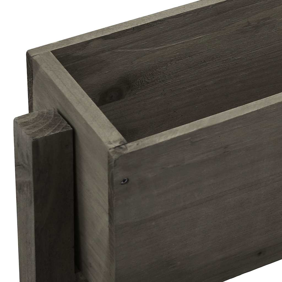 Ein hölzerner Pflanztrog in dunklem Grau mit sichtbarer Holzmaserung.