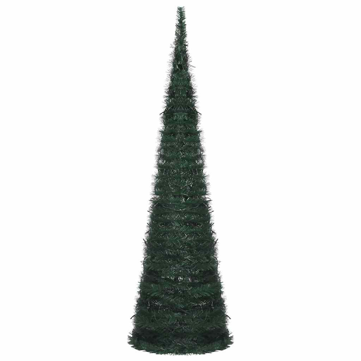 Ein hoher, dunkelgrüner, spitzer künstlicher Weihnachtsbaum.