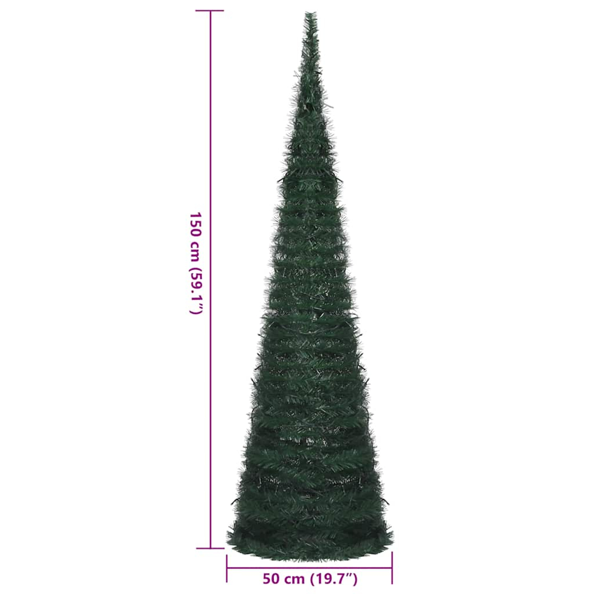 Eine hohe, dunkelgrüne Pop-up-Tanne mit einer Breite von 50 cm und einer Höhe von 150 cm.