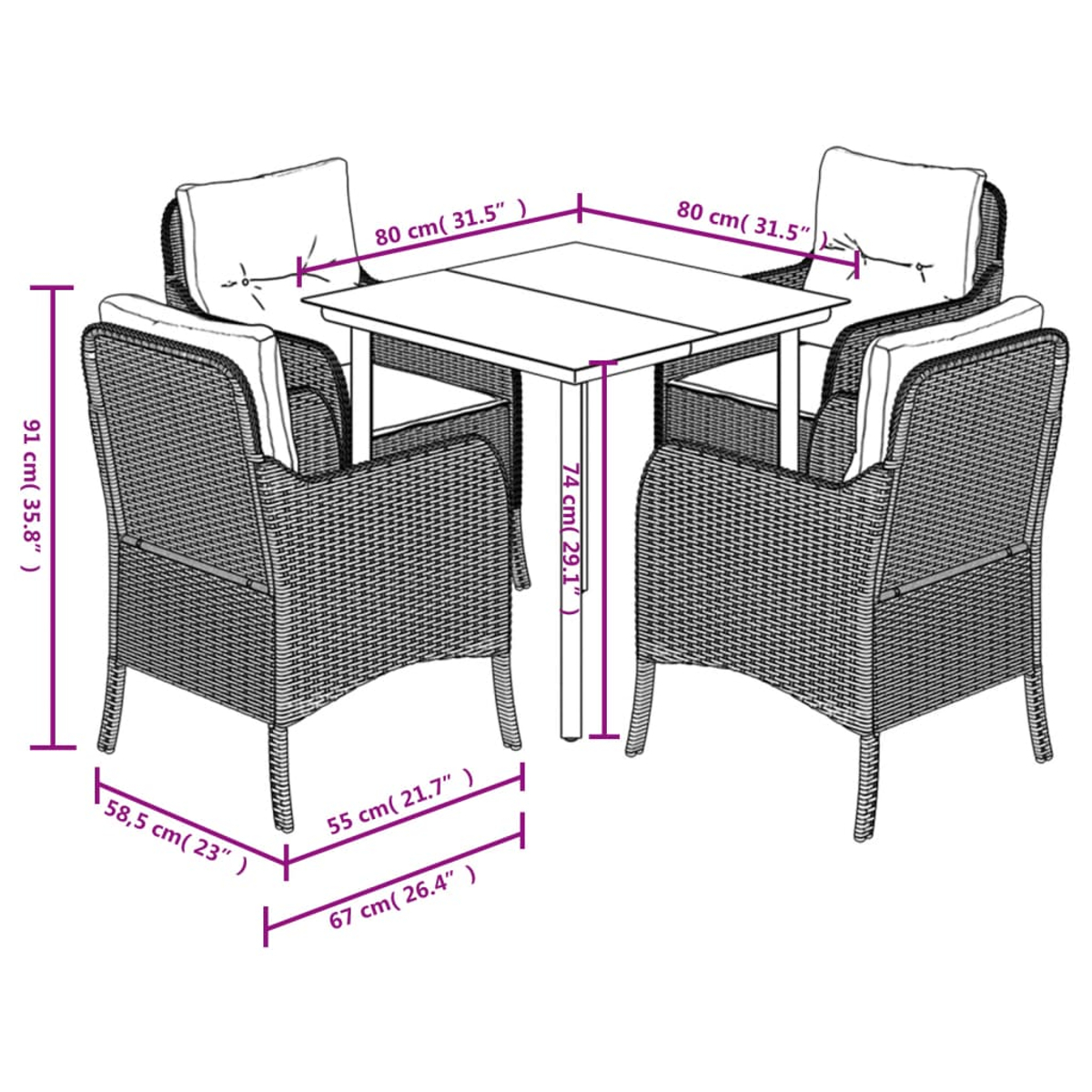 Rattan-Gartentisch und vier Stühle mit Maßen.