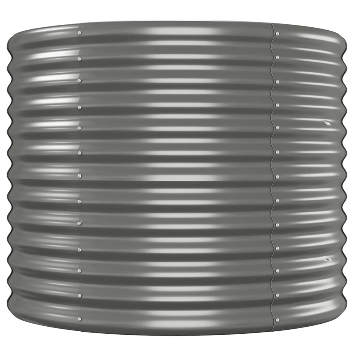 Grauer, gerippter Metallbehälter mit Nieten entlang der vertikalen Naht.