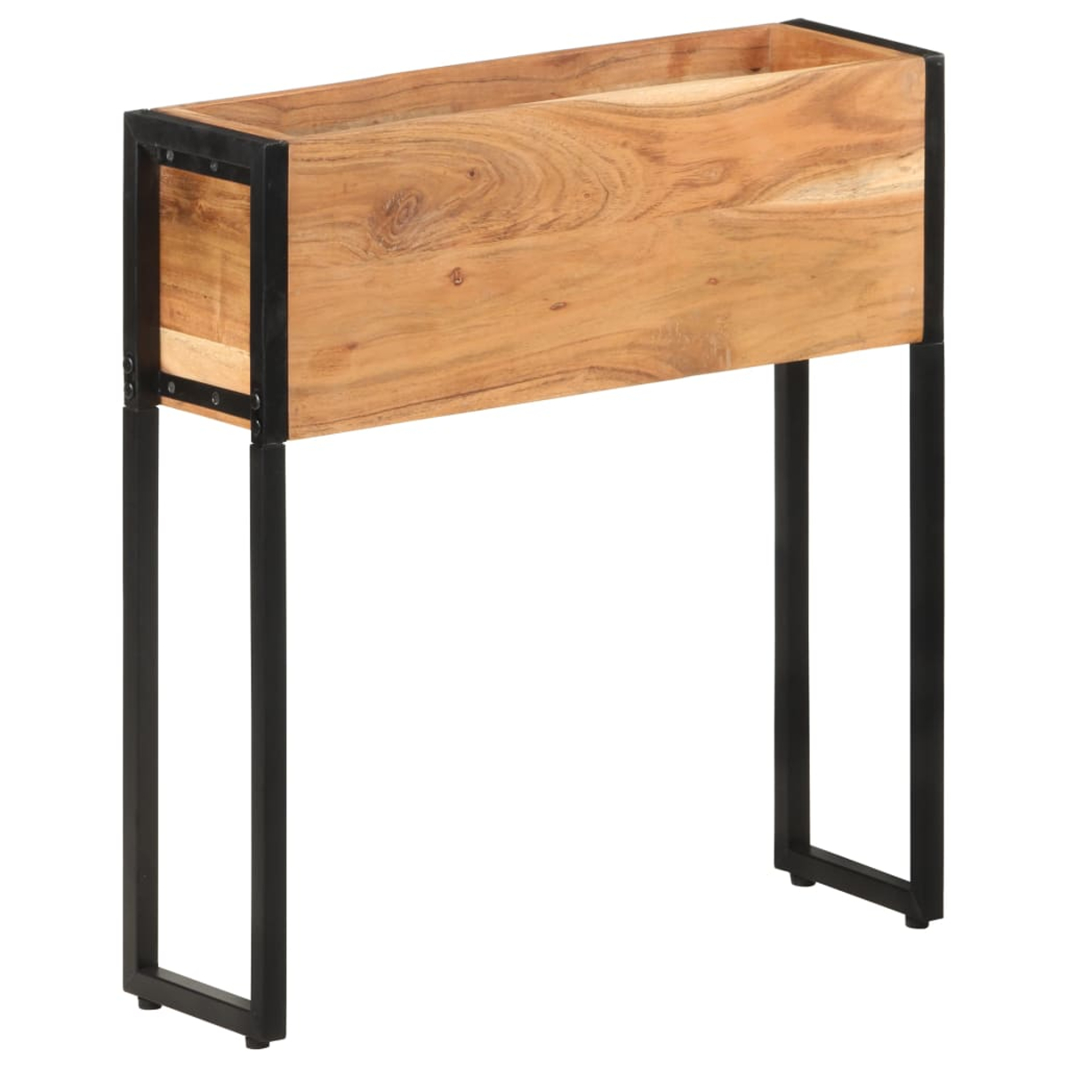 Ein rechteckiger Holzpflanzkasten mit schwarzem Metallgestell auf vier Beinen.