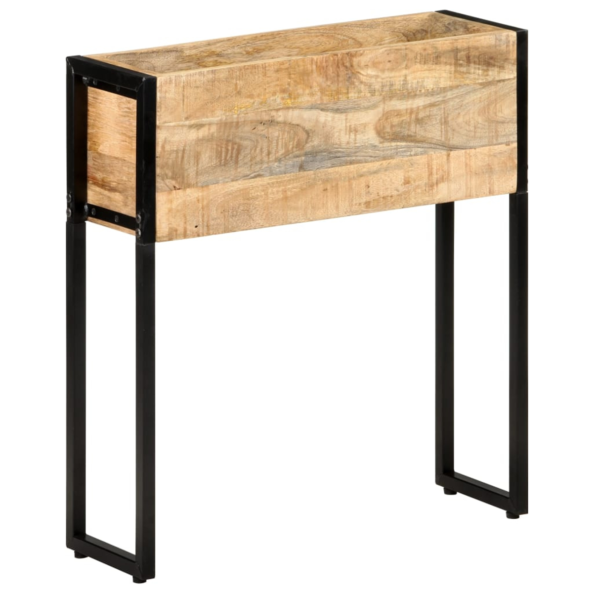 Ein rechteckiger Holzkasten mit schwarzem Metallrahmen und Beinen.