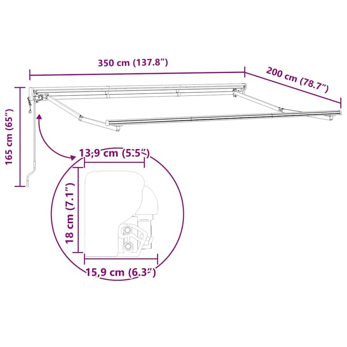 Ein ausgefahrenes Vordach mit Maßen: 350 cm breit, 165 cm hoch, 200 cm tief.