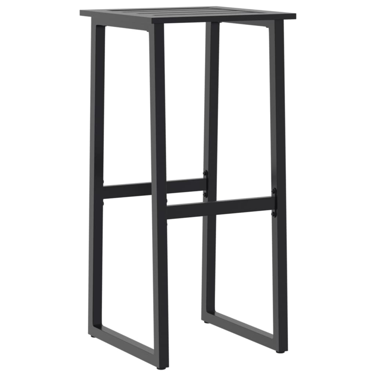 Ein schwarzer Barhocker aus Metall mit rechteckiger Sitzfläche und geraden Beinen.