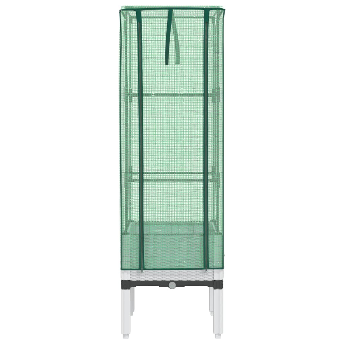 Un armadio serra alto e stretto con copertura verde e gambe bianche.
