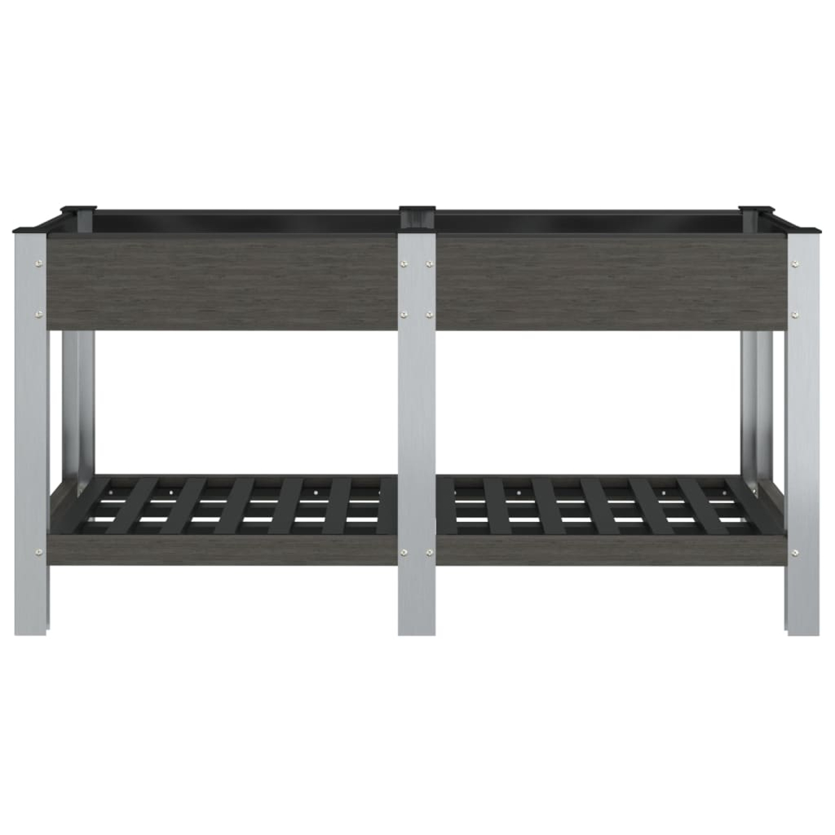Ein dunkelgraues Holzregal mit silbernen Metallstützen.