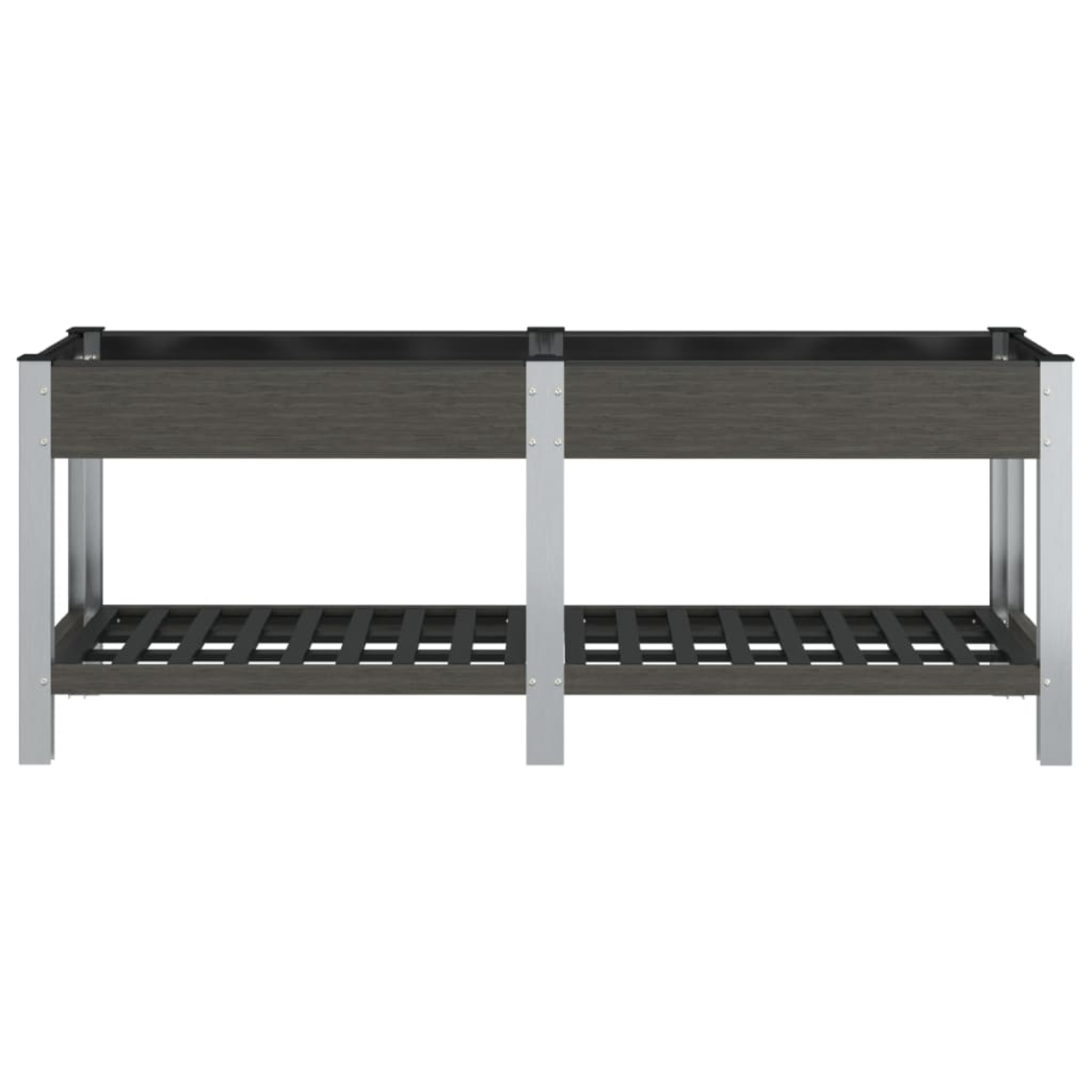 Ein rechteckiger Pflanztisch mit zwei Ebenen und silbernen Metallbeinen.