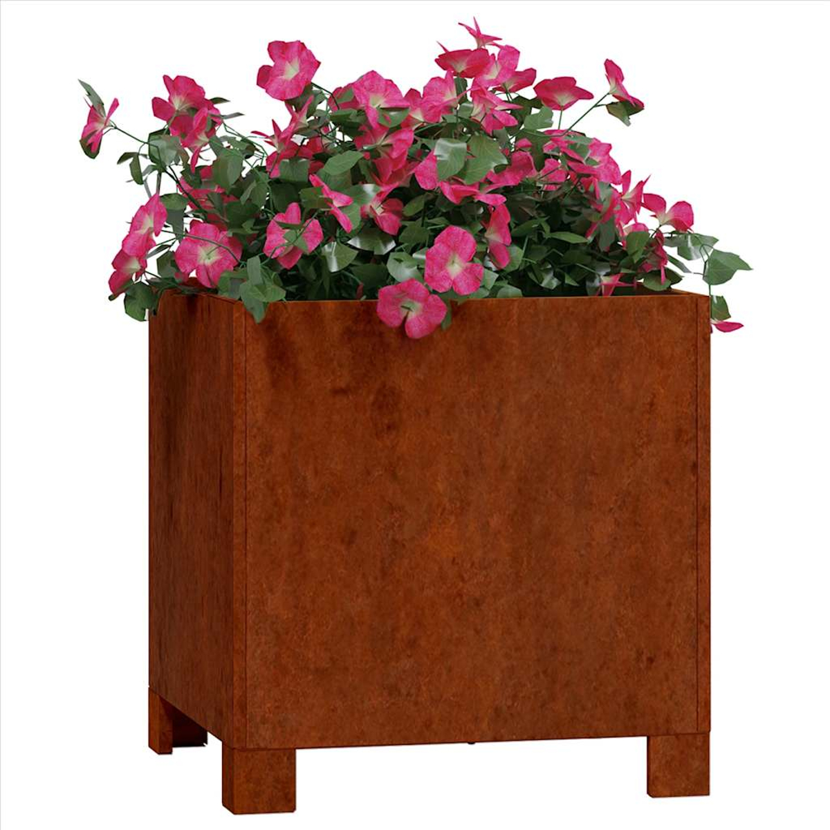 Rostbrauner Würfel-Blumenkasten mit pinken Blumen und grünen Blättern.