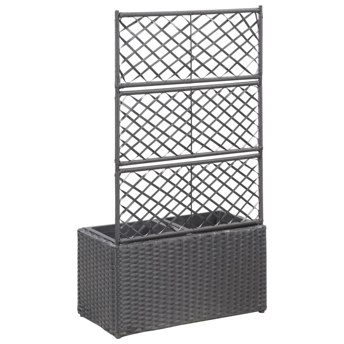 Ein rechteckiger, anthrazitfarbener Blumenkasten mit einem Gitteraufsatz aus Rattan-Optik.