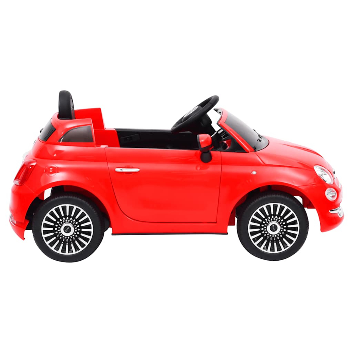 Ein rotes Spielzeugauto mit schwarzem Lenkrad und schwarzen Rädern.