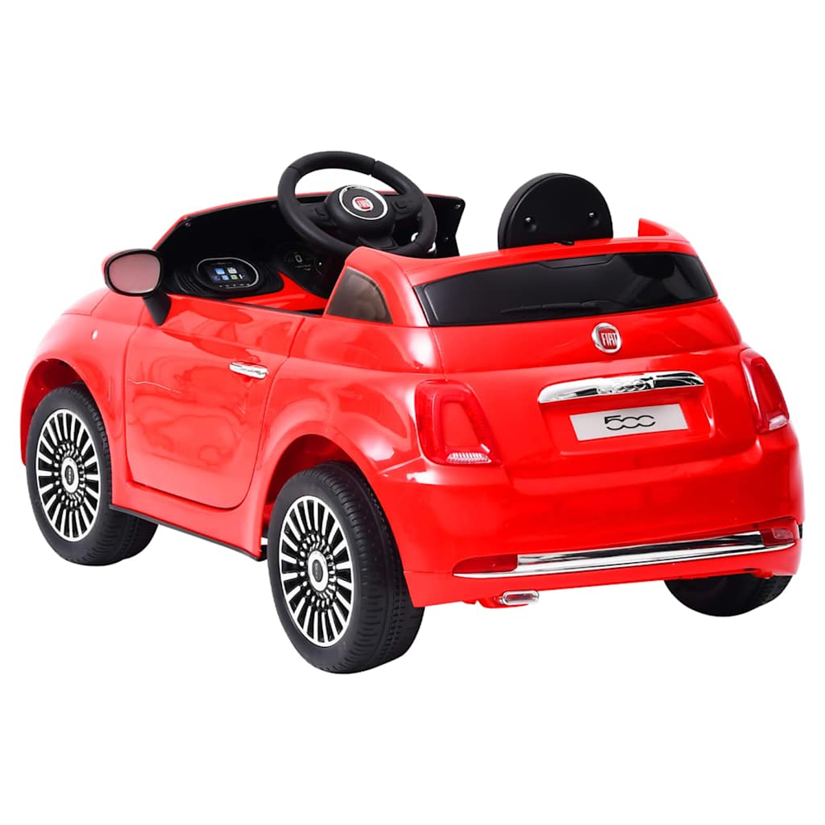 Ein rotes Fiat 500 Elektroauto für Kinder, mit schwarzem Lenkrad und Details.