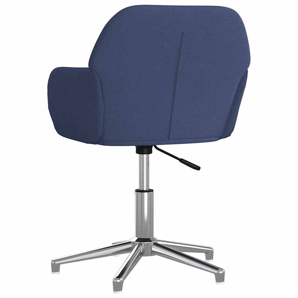 Ein blauer Bürostuhl mit silbernem Fuß und Rollen, von hinten gesehen.