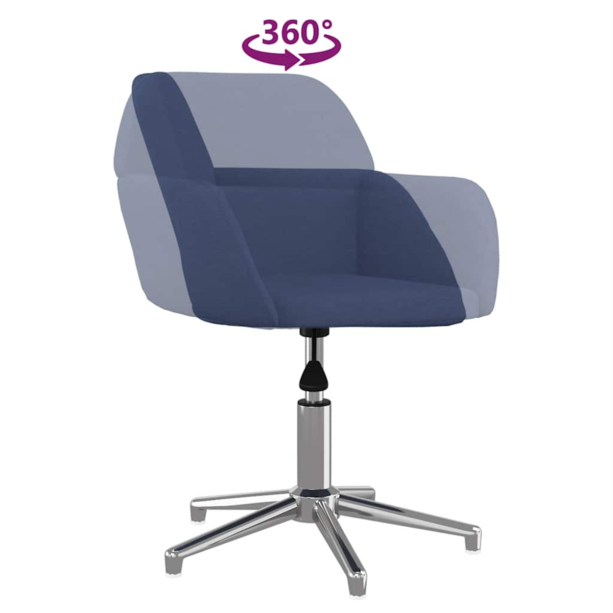 Blauer Bürostuhl mit 360-Grad-Symbol und silbernem Fuß