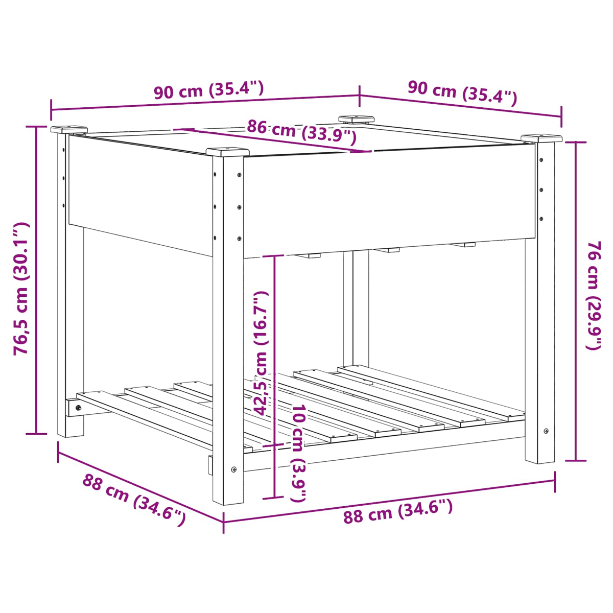 Fioriera rialzata in legno, 90x86x76,5 cm. Scaffale inferiore, doghe.