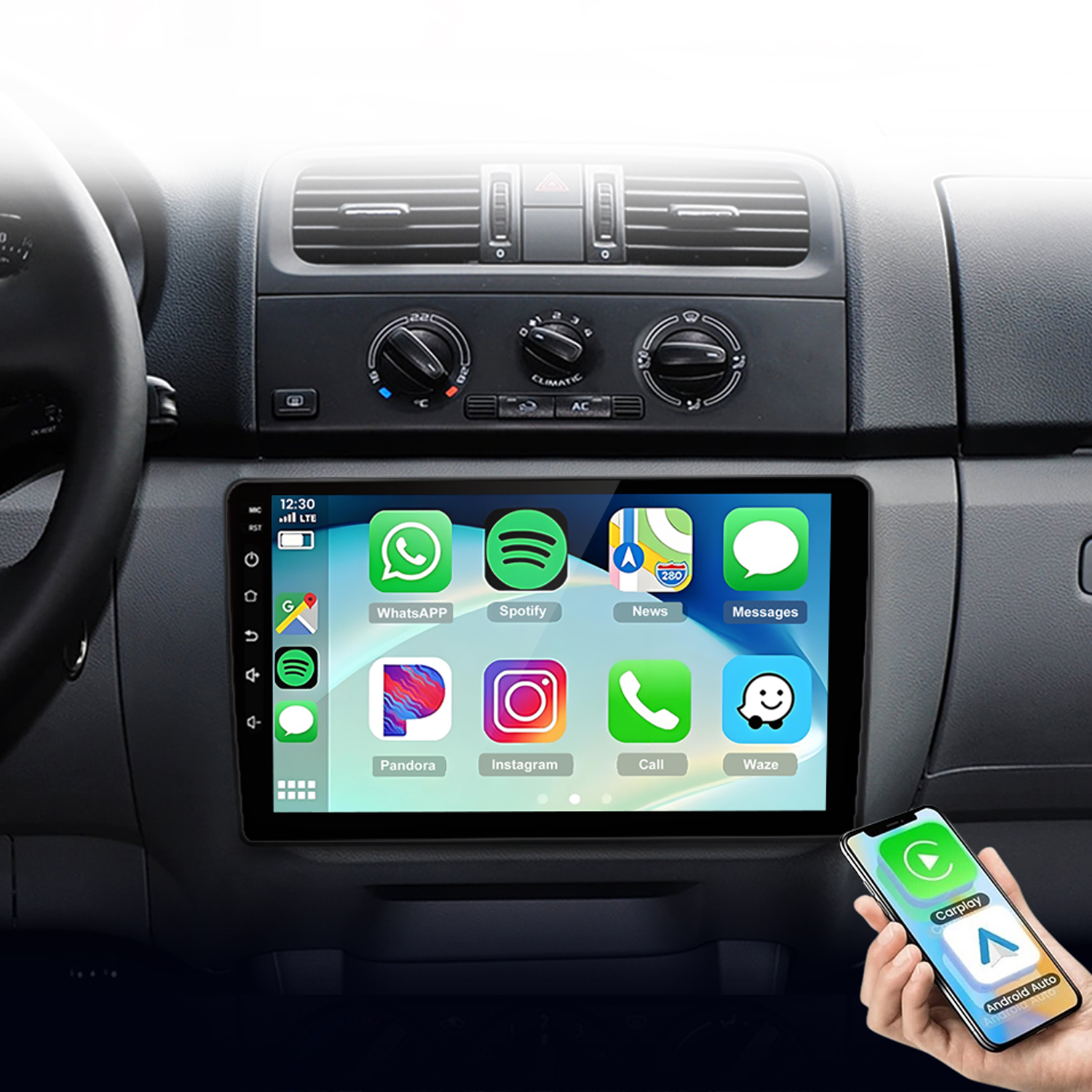 Auto-Infotainment-System mit Smartphone-Integration zeigt App-Icons.