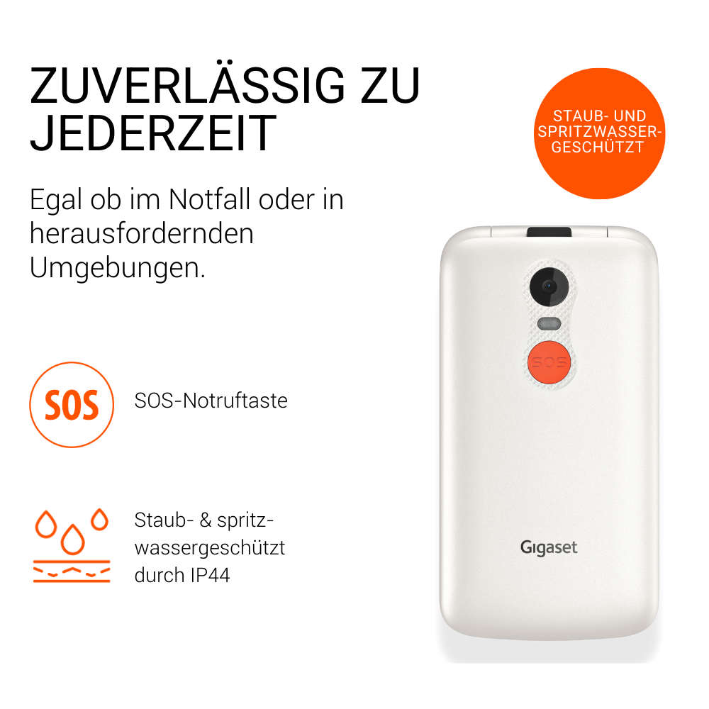 Ein weißes Gigaset-Telefon mit SOS-Taste und Spritzwasserschutz-Symbolen.