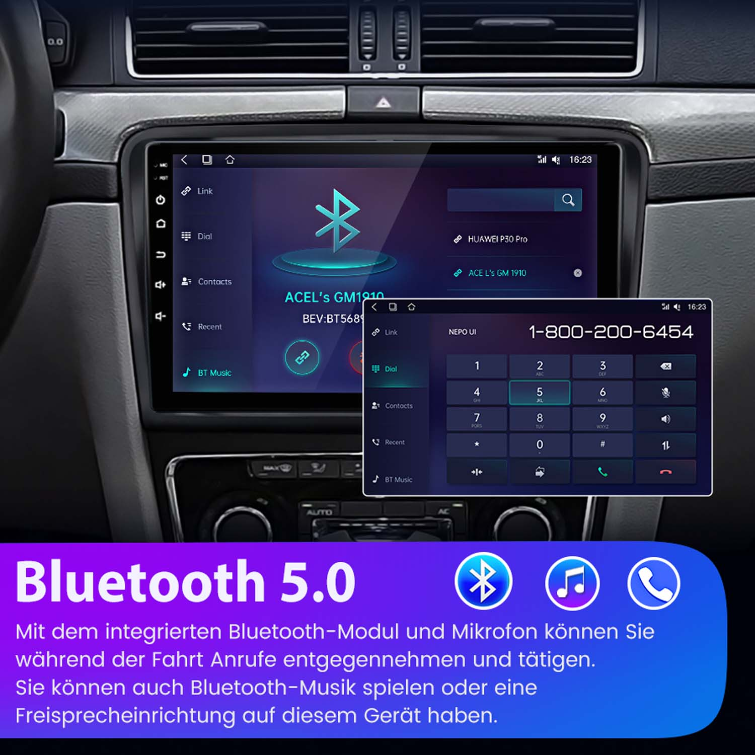Auto-Infotainmentsystem mit Bluetooth 5.0, Telefonwahl und Musikfunktionen.