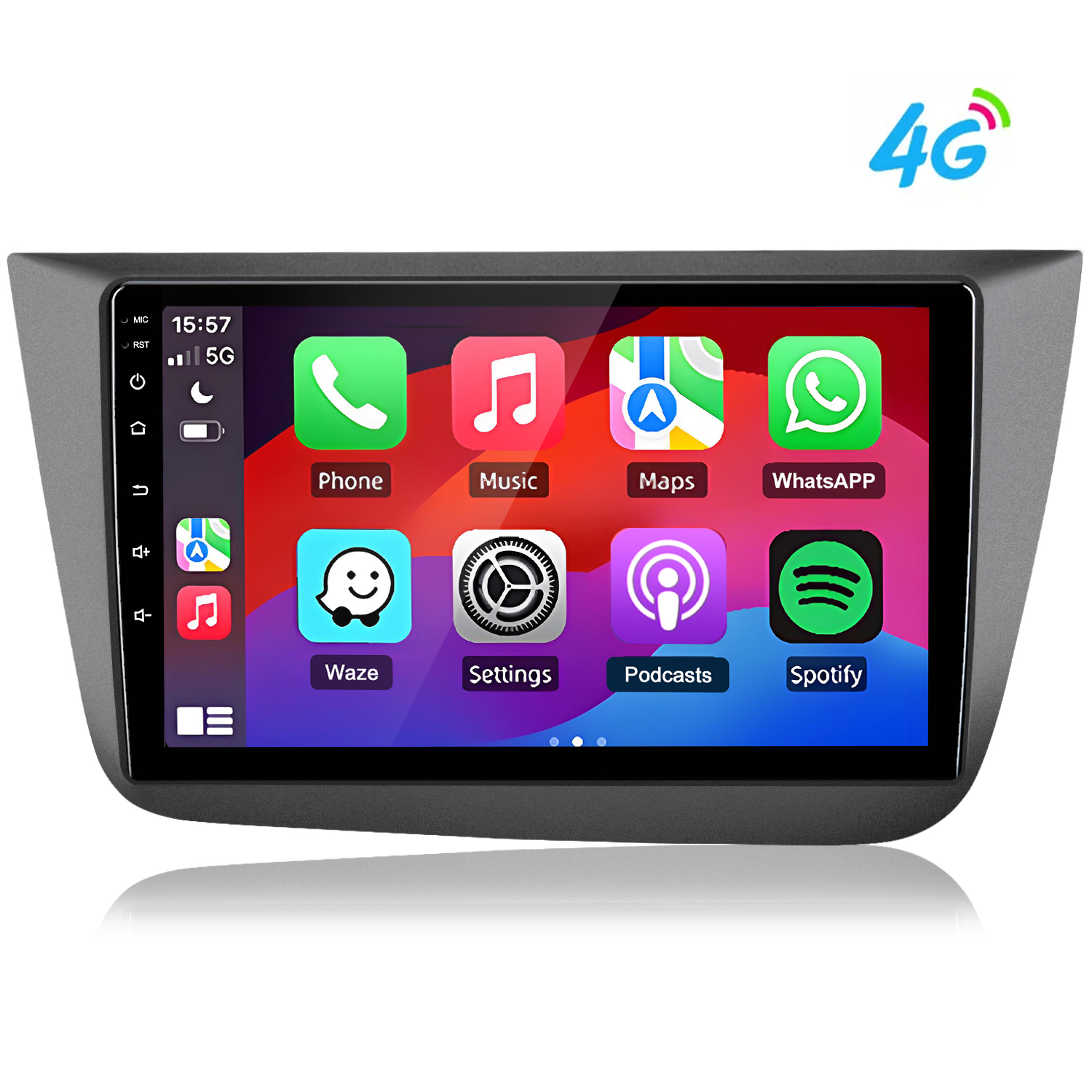 Ein Autoradio-Bildschirm mit App-Symbolen wie Telefon, Musik und Karten.