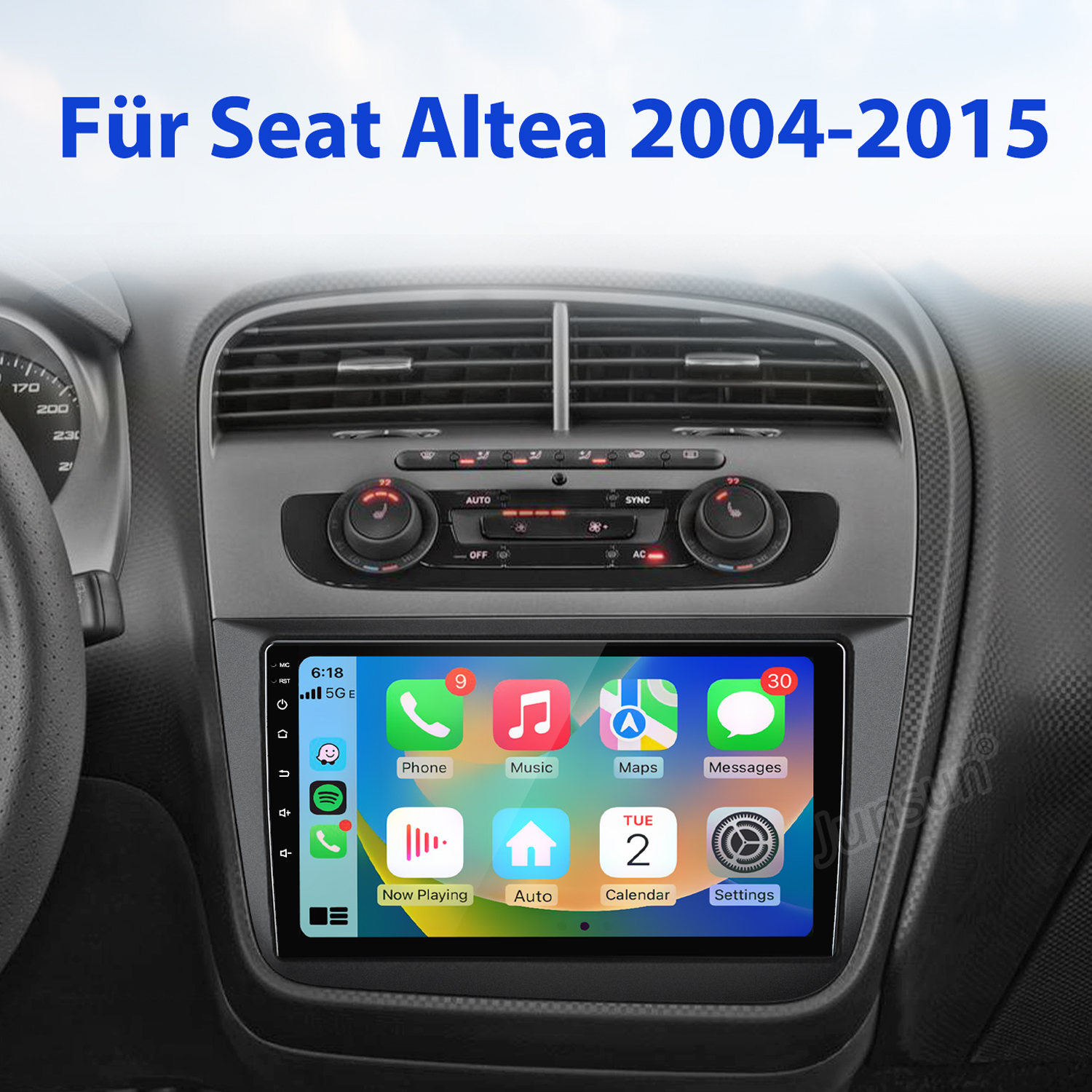 Ein Autoradio-Bildschirm mit Apps wie Telefon, Musik und Karten.