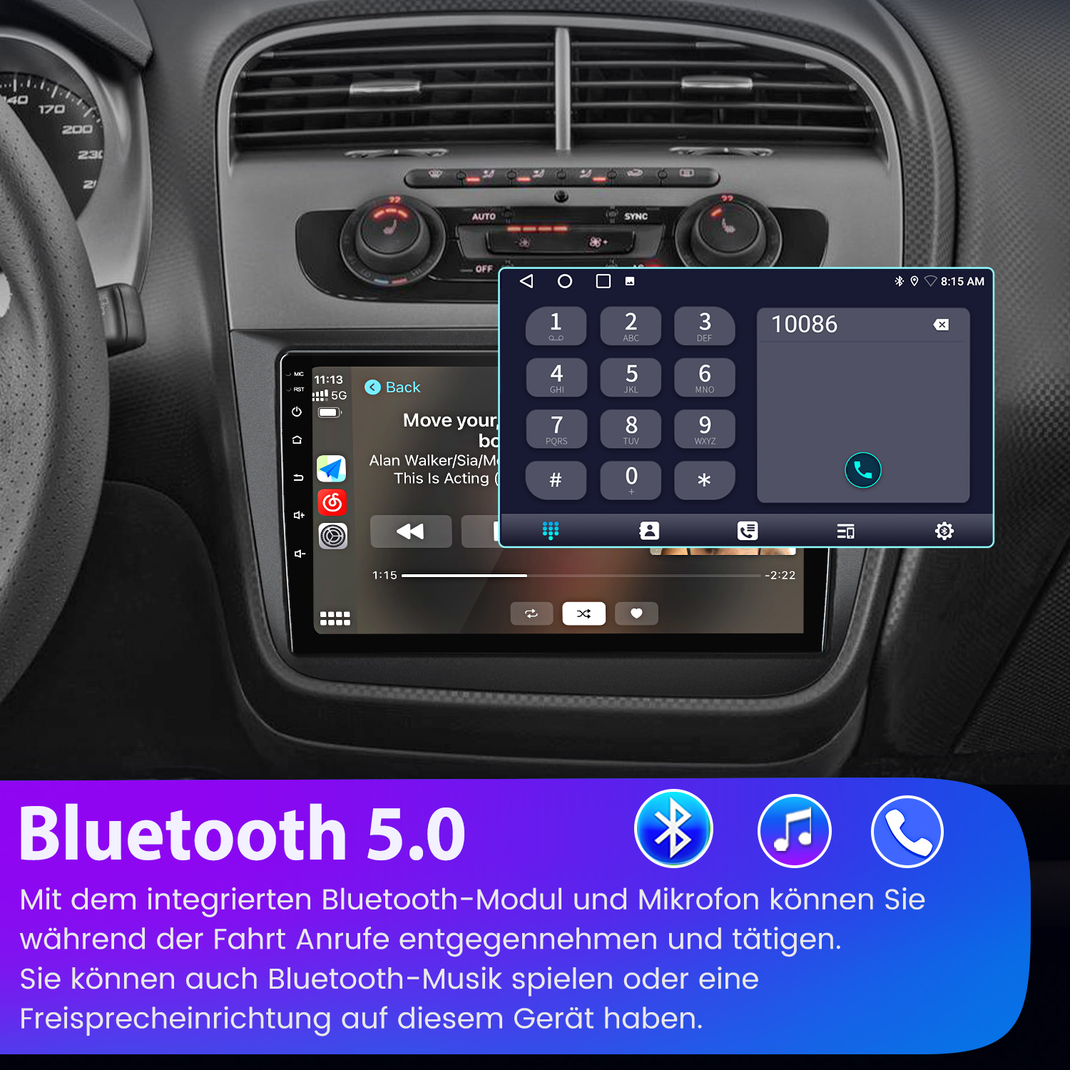Autoradio mit Touchscreen zeigt Tastatur und Anrufliste. Bluetooth 5.0.