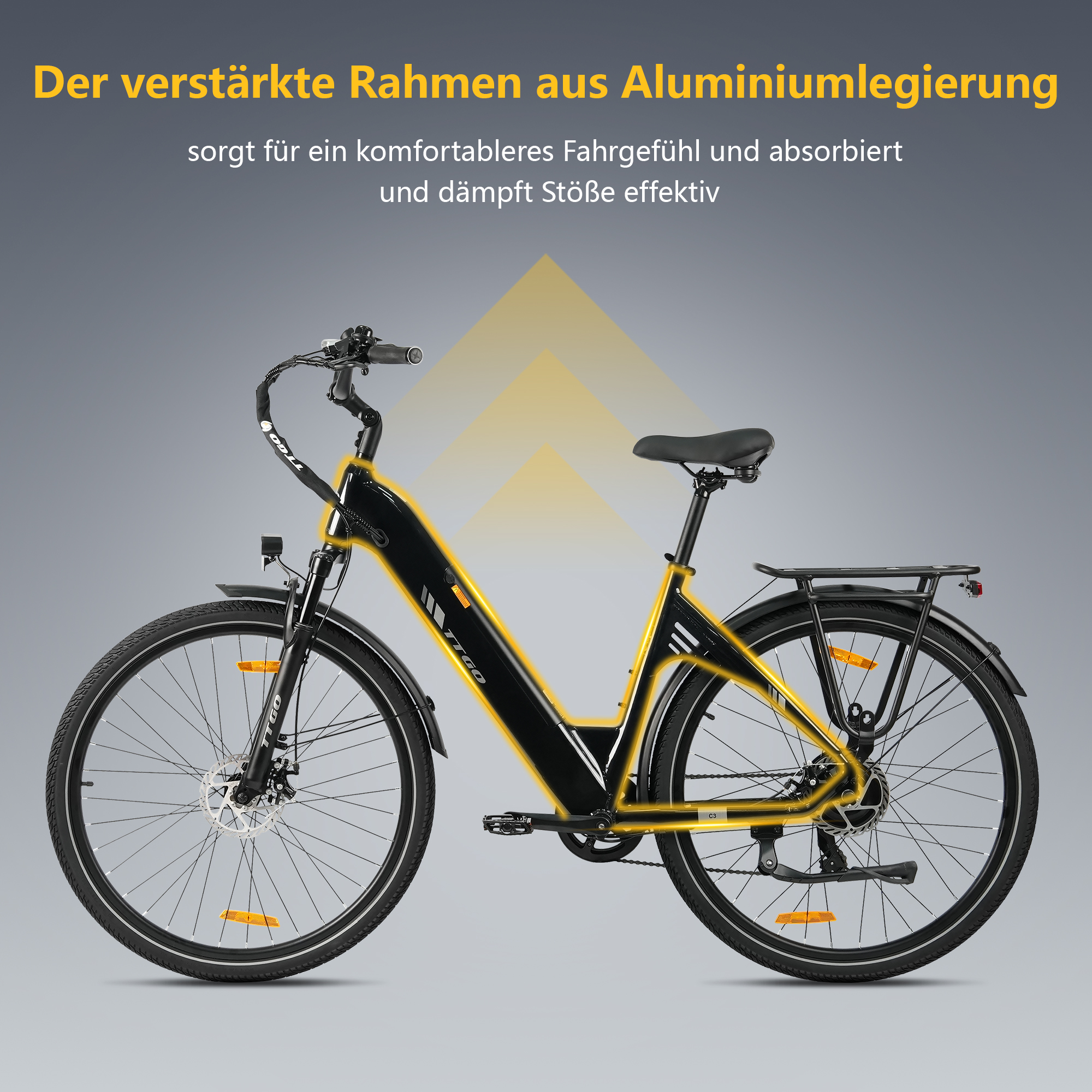 Schwarzes E-Bike mit gelben Akzenten und Aluminiumrahmen.