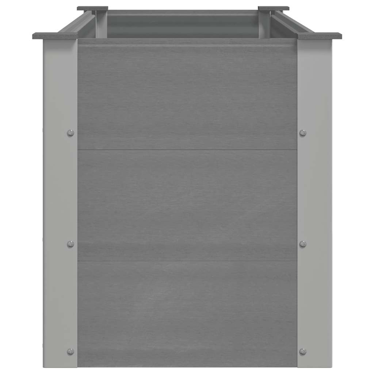 Ein rechteckiger Hochbeetkasten aus grauem Verbundwerkstoff mit Metallrahmen.