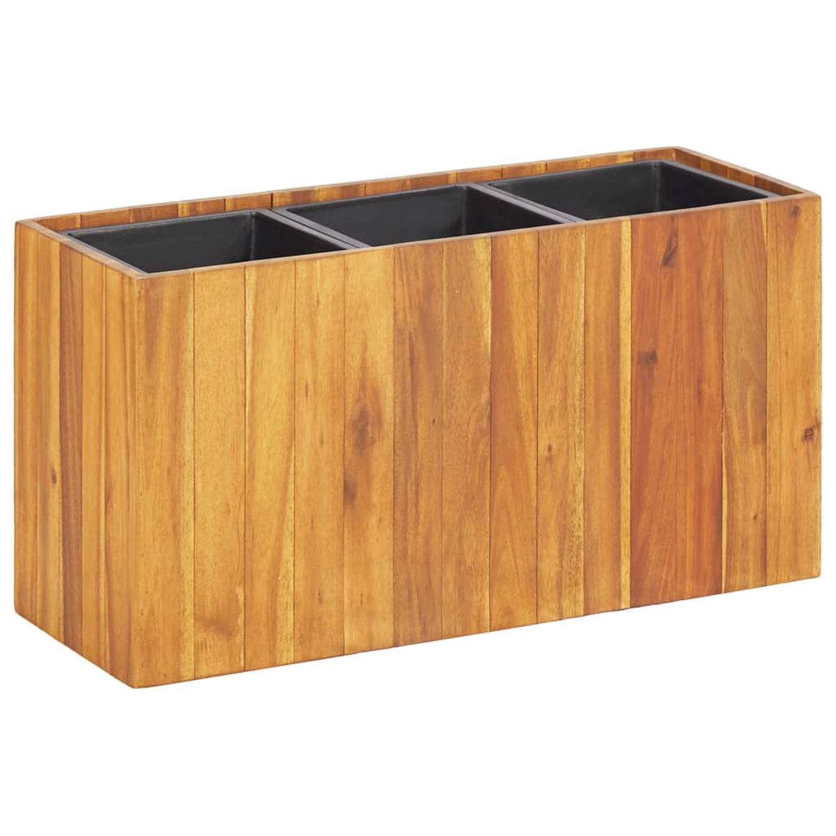 Ein rechteckiger Holzkasten mit drei schwarzen Einsätzen.