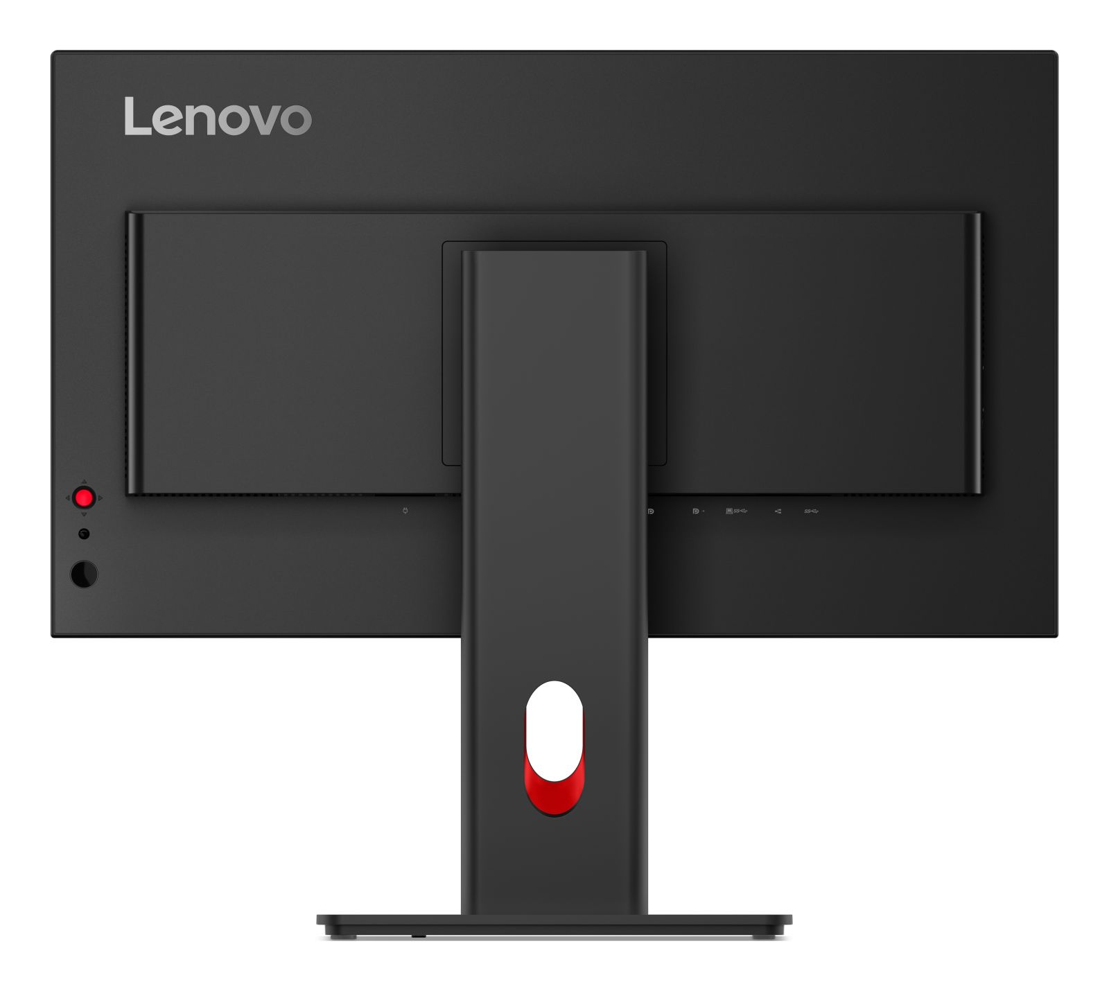 Tył czarnego monitora Lenovo z srebrnym logo i podstawą. Widoczne porty.
