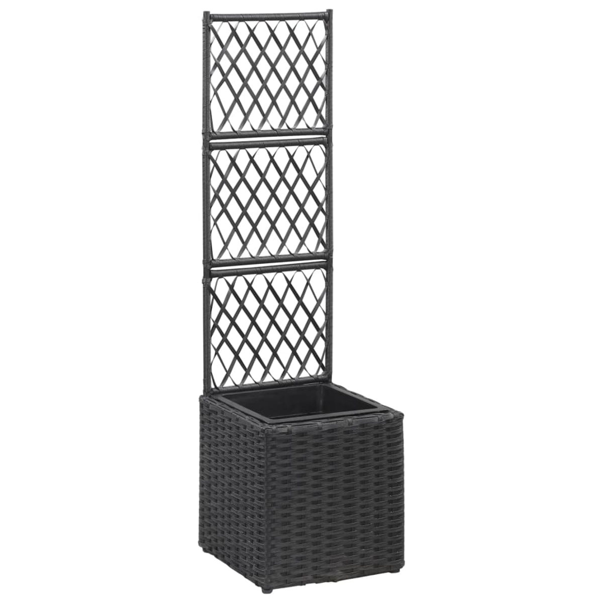 Ein dunkler, rechteckiger Blumenkasten mit einem hohen, dreiteiligen Gitteraufsatz.