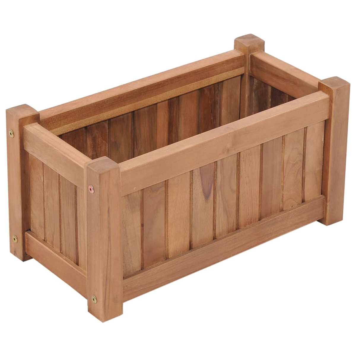 Ein rechteckiger Holzkasten mit vertikalen Brettern und Eckpfosten.