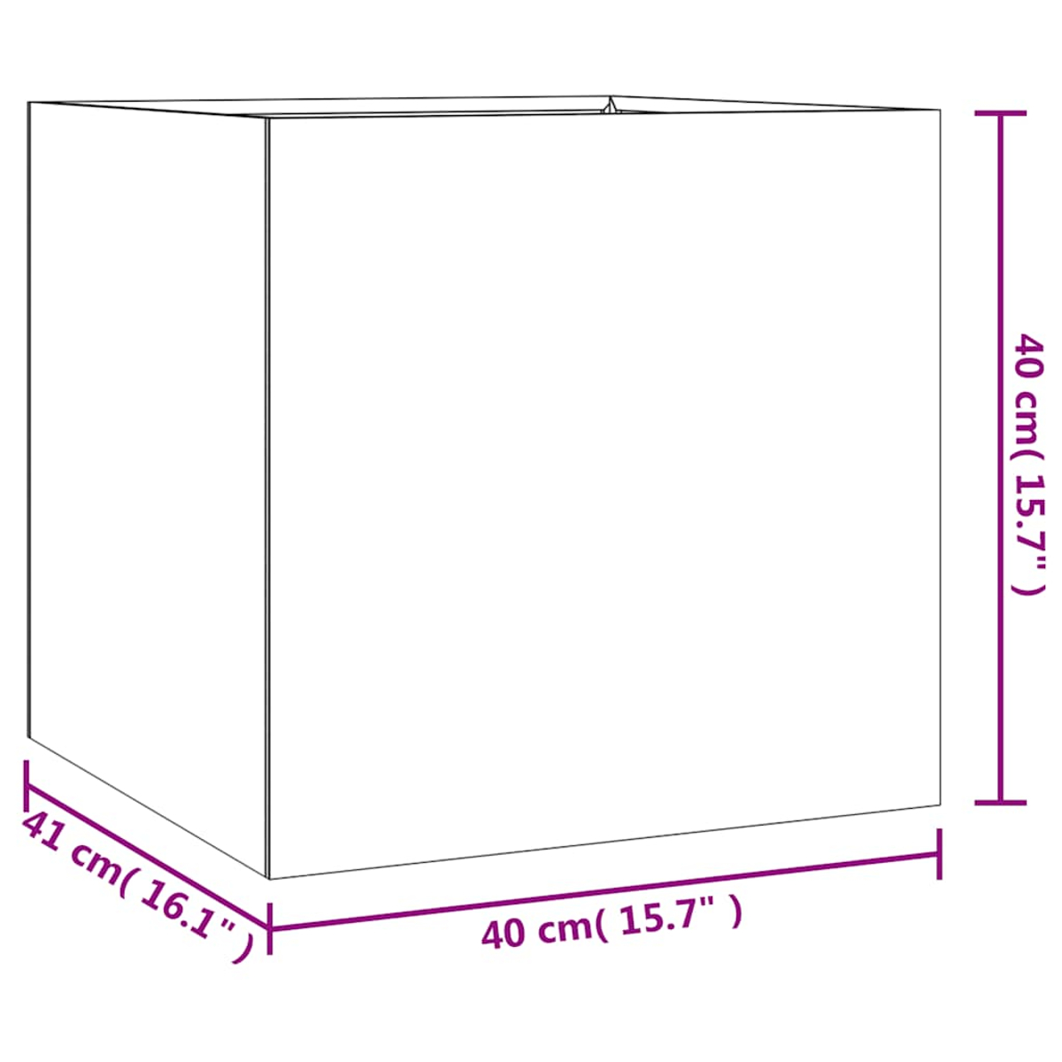 Ein schematischer Umriss eines Würfels mit Maßen 41x40x40 cm.