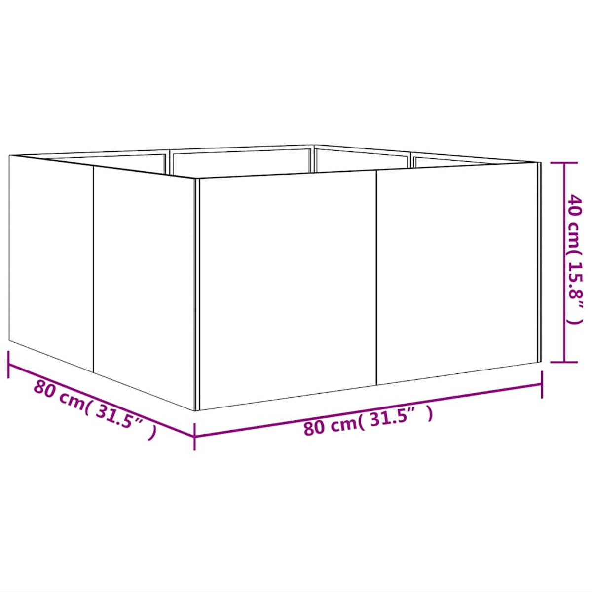 Ein rechteckiger Kasten mit den Maßen 80x80x40 cm, schematisch dargestellt.