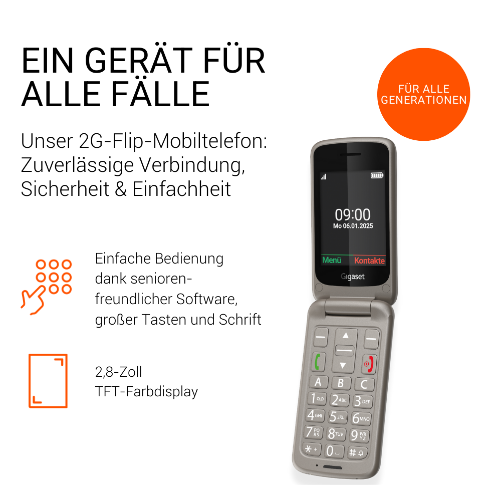 Ein graues Klapphandy mit großem Display und Tastatur. Text links beschreibt Features.