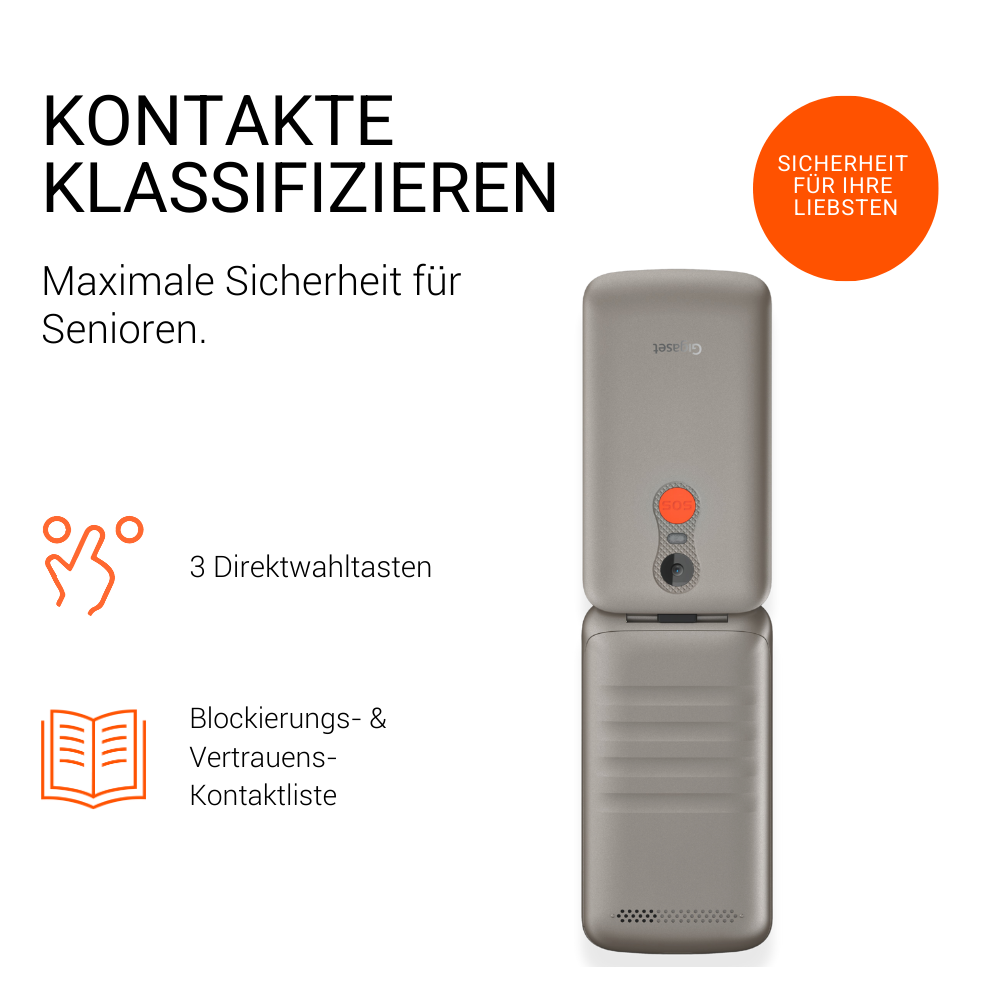 Ein graues Klapphandy mit SOS-Taste und Text über Sicherheit für Senioren.