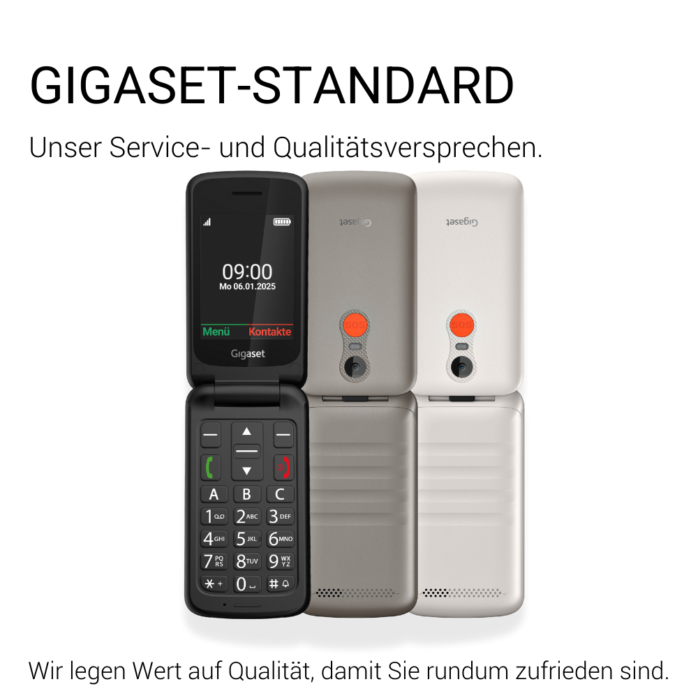 Drei Gigaset Klapphandys in Schwarz, Grau und Weiß nebeneinander.