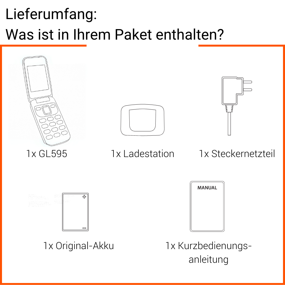 Lieferumfang: 1x GL595, 1x Ladestation, 1x Netzteil, 1x Akku, 1x Anleitung.