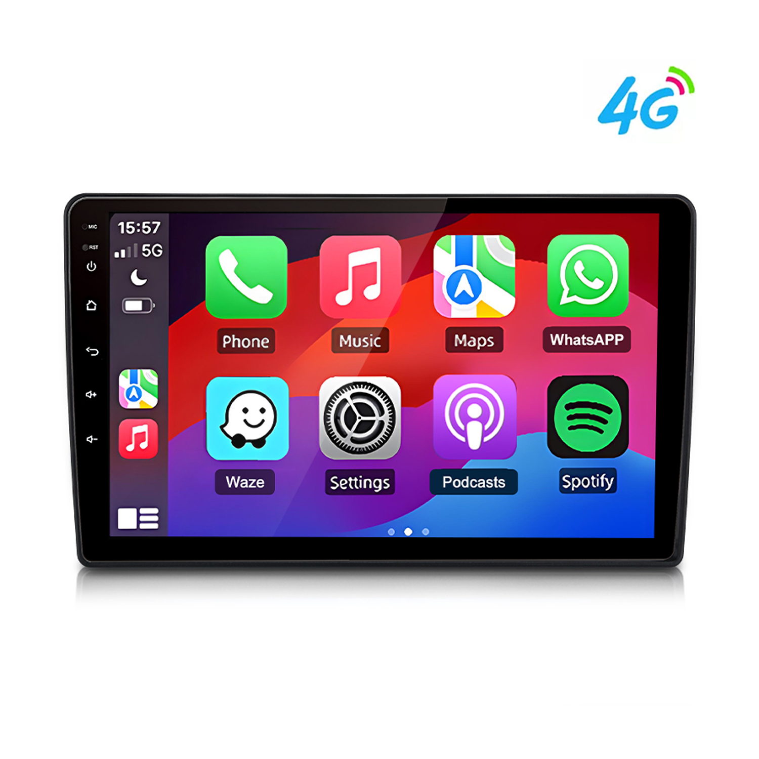 Ein Autoradio-Touchscreen mit App-Symbolen: Telefon, Musik, Karten, WhatsApp, Waze, Einstellungen, Podcasts, Spotify.