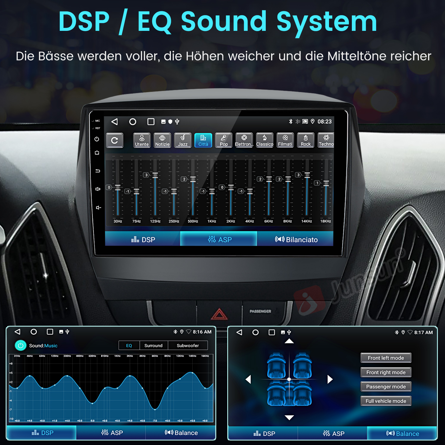 Auto-Infotainment-System mit EQ- und DSP-Einstellungen, Wellenformdiagrammen und Lautsprechermodi.