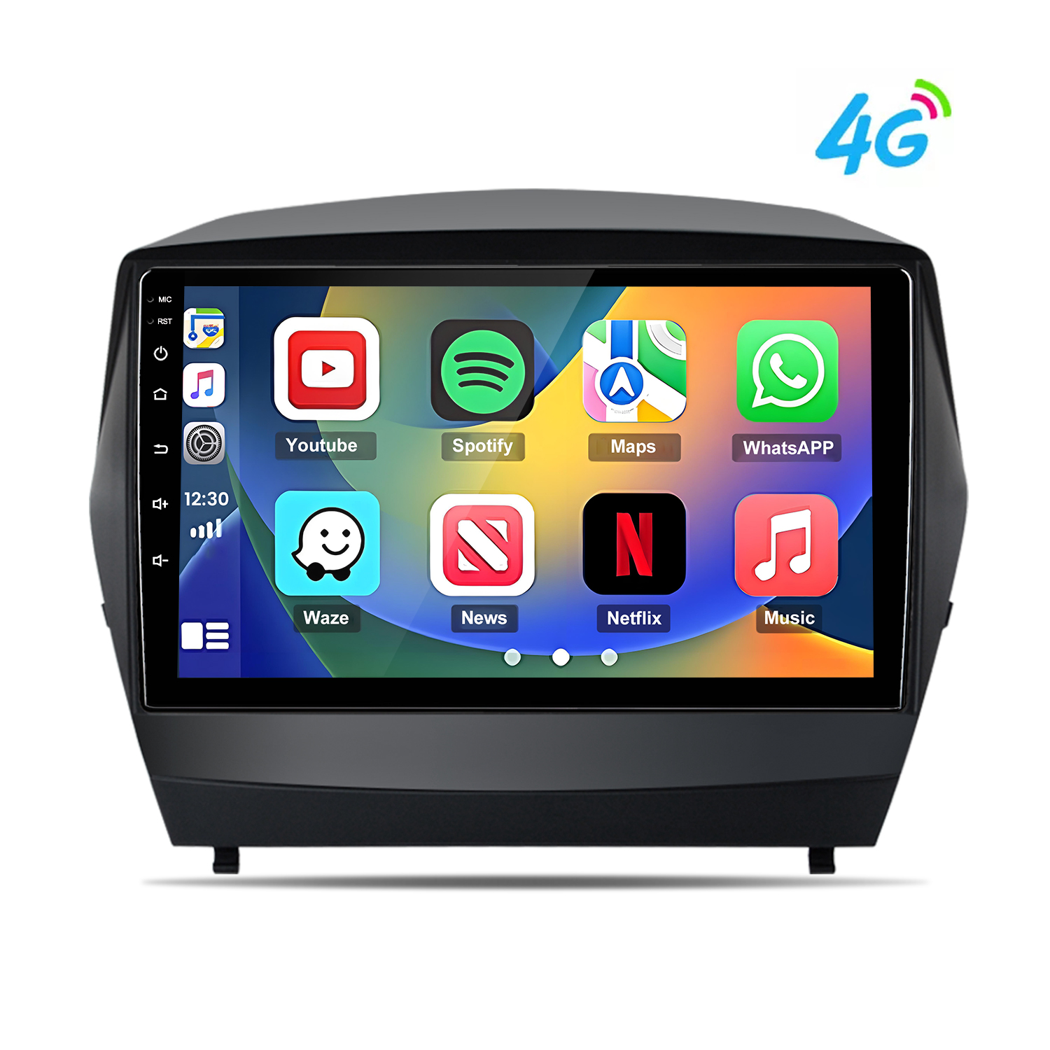 Ein Autoradio-Touchscreen mit Apps wie YouTube, Spotify, Maps und 4G.