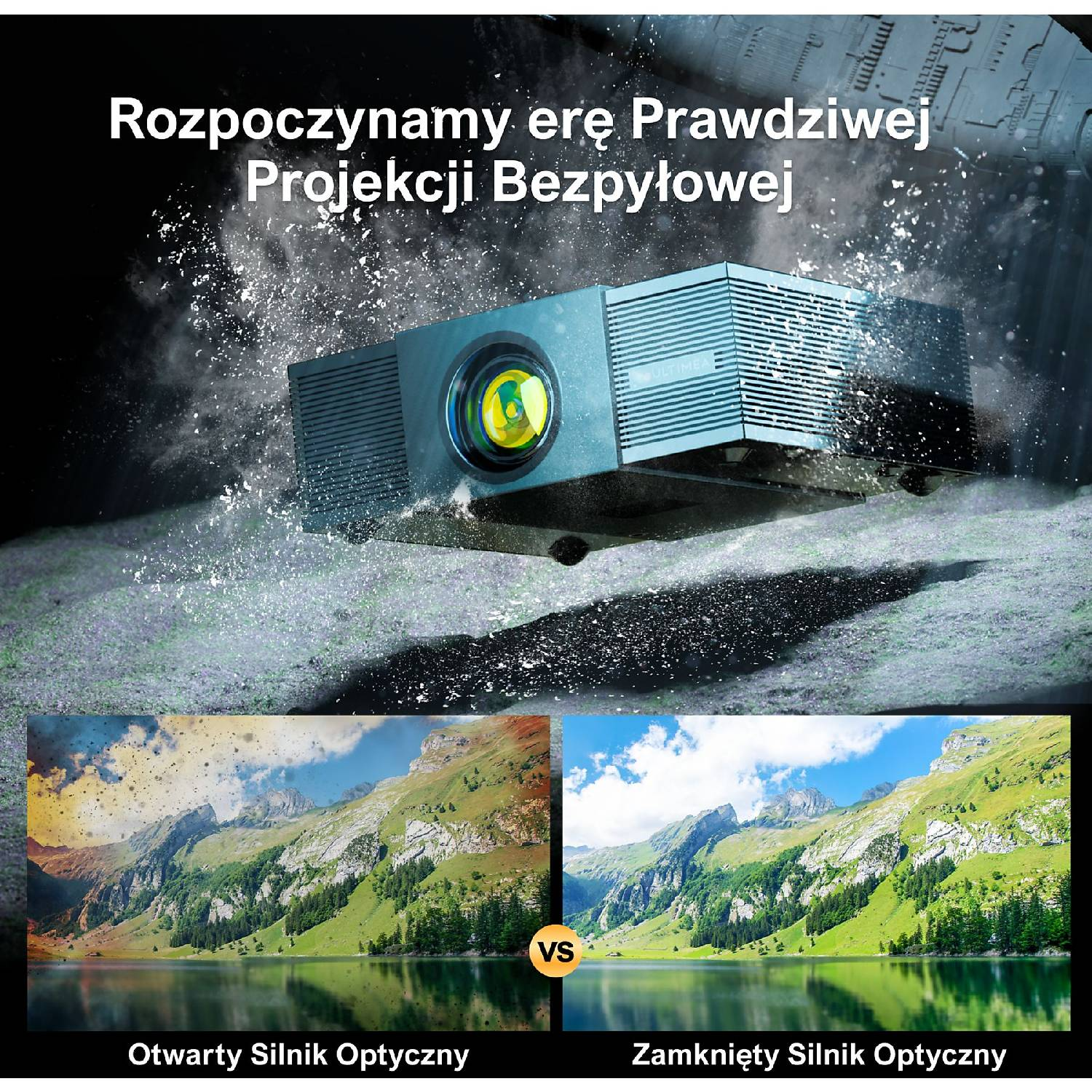 Projektor z żółtym obiektywem wzbijający kurz. Obok porównanie dwóch górskich krajobrazów.