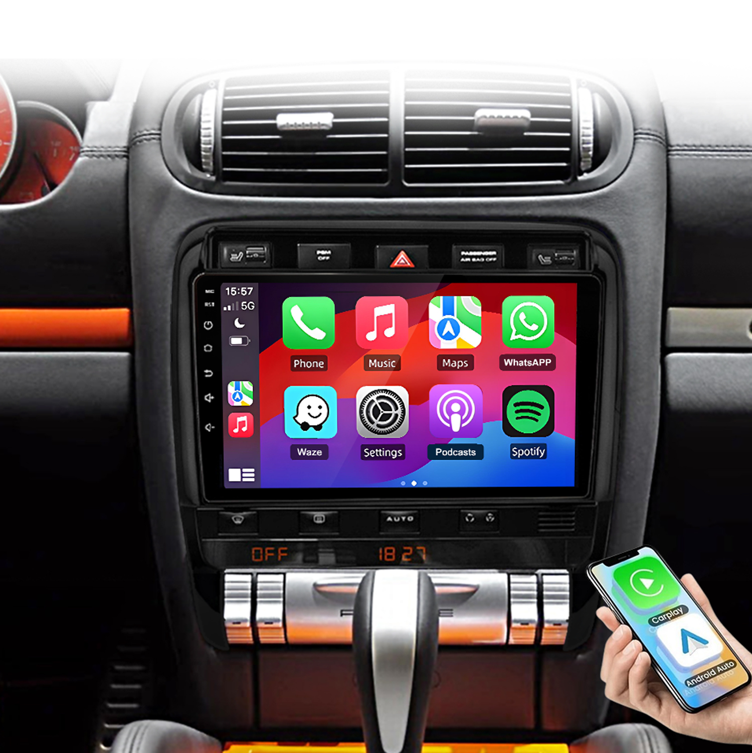 Autoinnenraum mit Touchscreen-Infotainmentsystem und Smartphone-Integration.